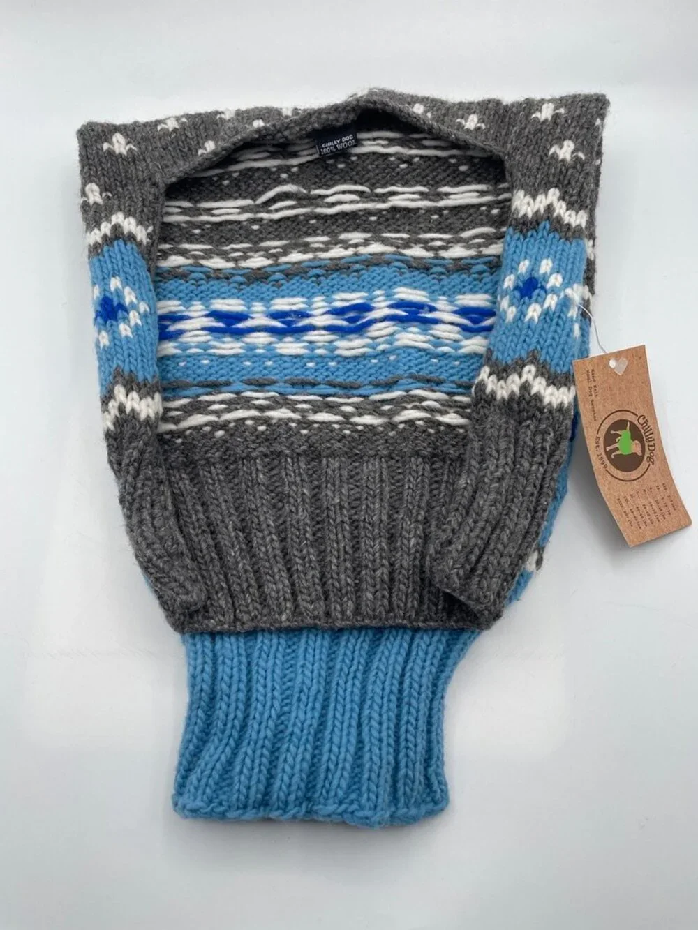 NWT Chilly Dog Light Blue Fair Isle Hand Knit Wool Dog Sweater